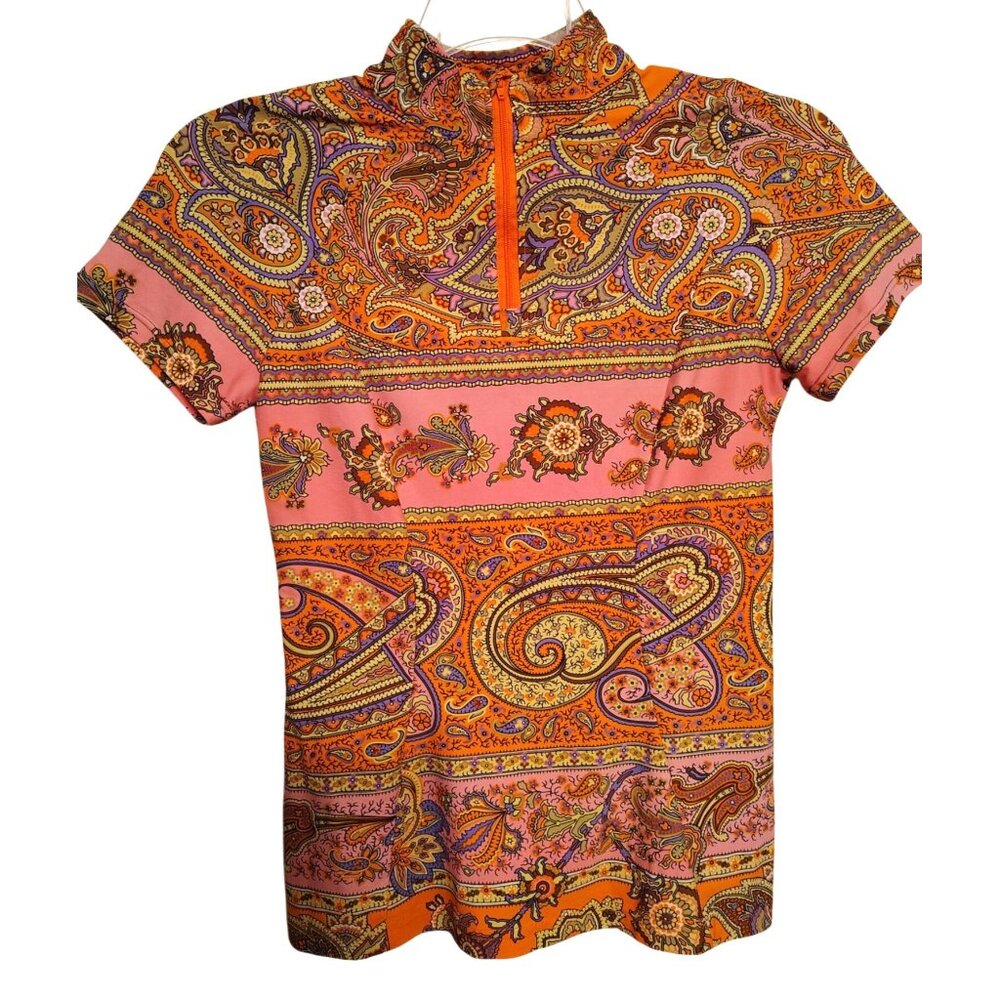 Tzu Tzu Size Small Women's Golf Shirt Top, Orange Pink Paisley Purple 1/4 Zip